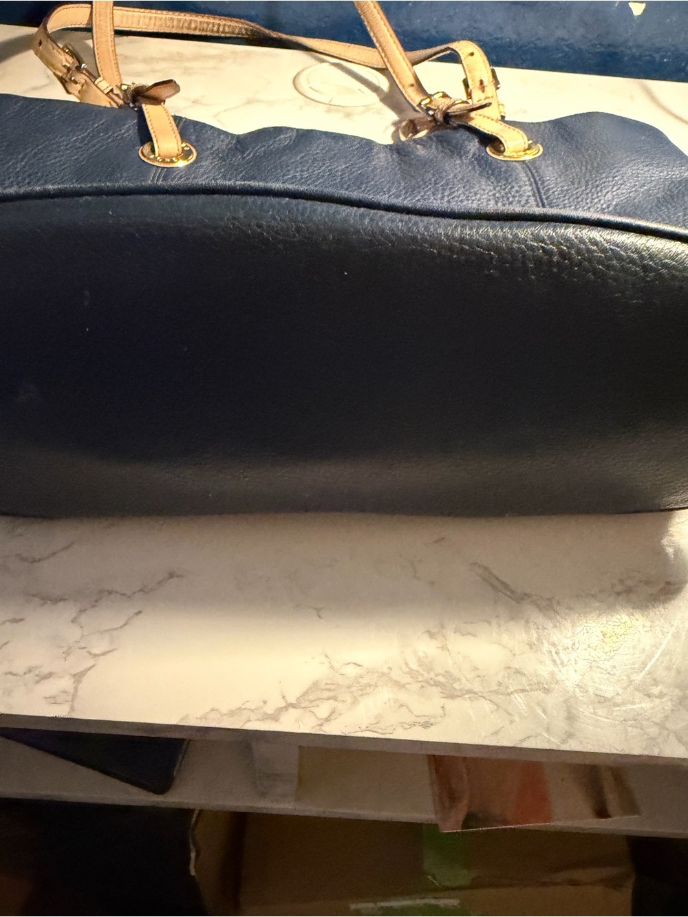 Michael Kors Navy Leather Tote with Tan Straps and Gold MK Charm - Picture 4 of 8